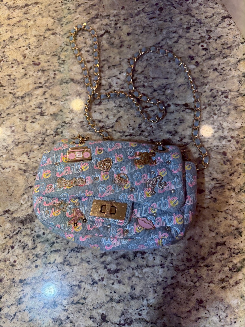 Barbie Pink & Light Blue Logo Crossbody with Gold Chain